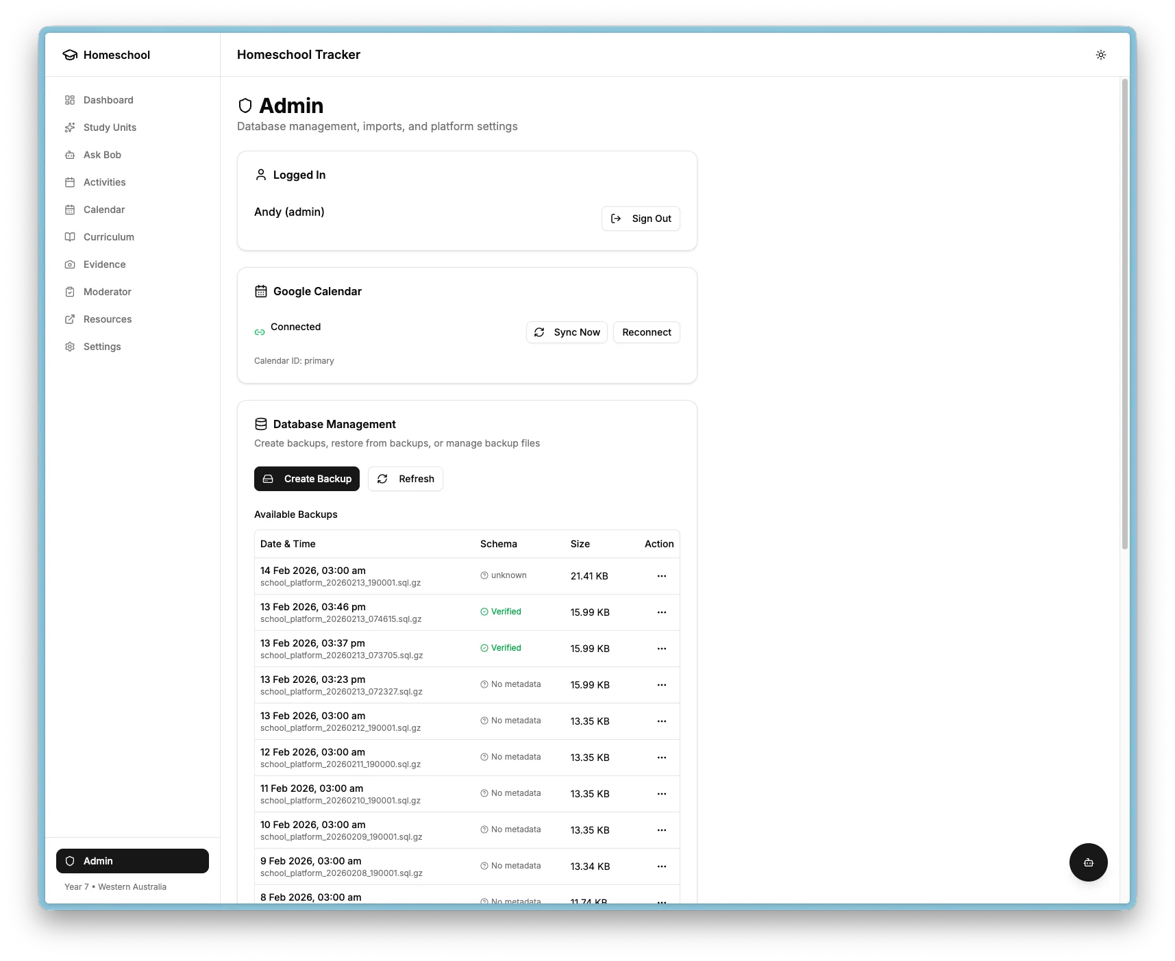 Admin page showing calendar connection, import, and backup management sections.