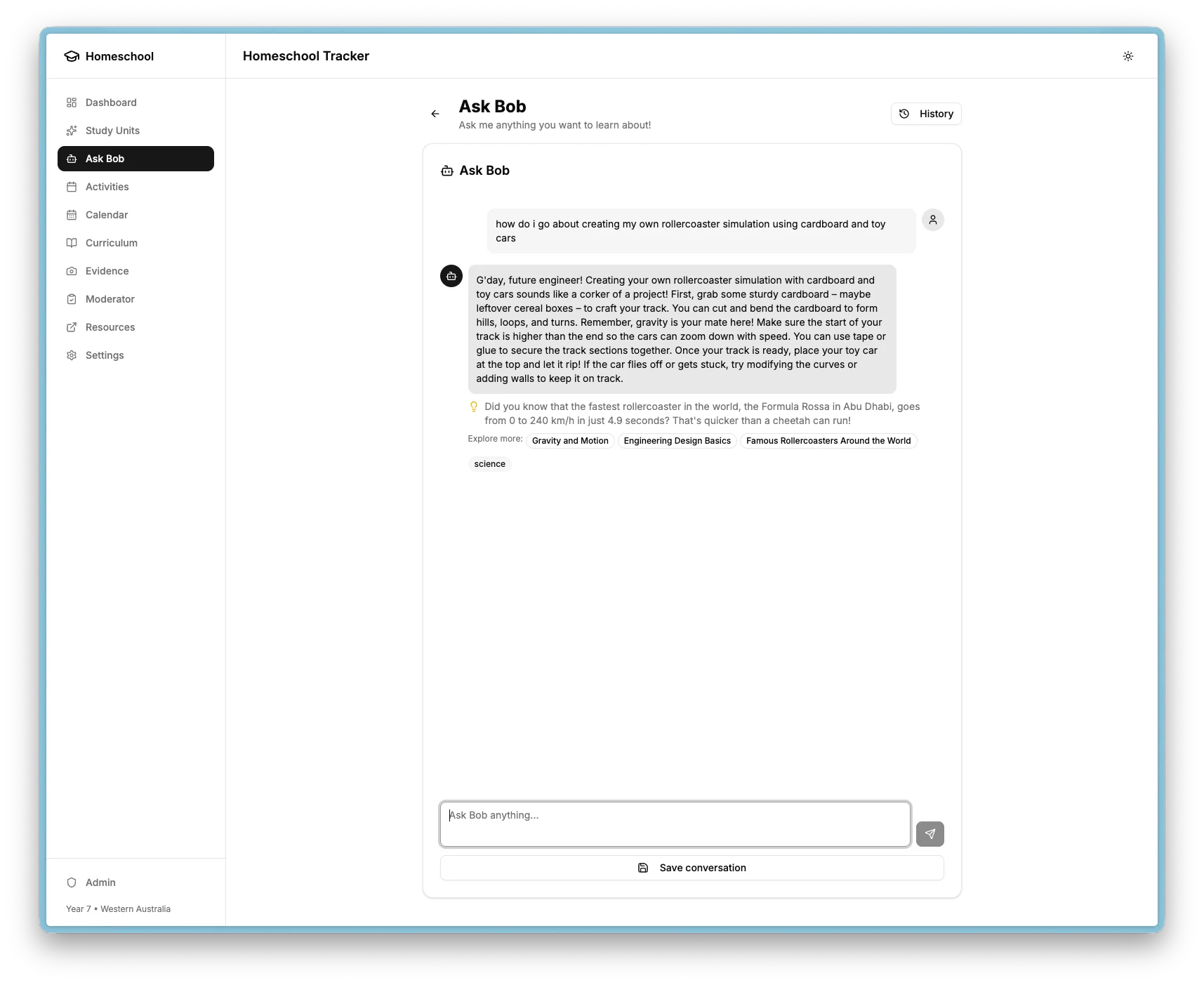Ask Bob floating button with chat modal showing a Q&amp;A exchange.