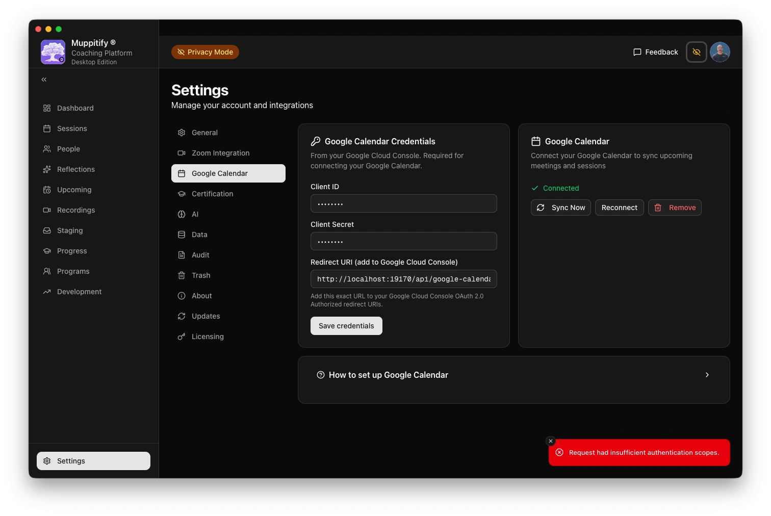 Google Calendar insufficient authentication scopes