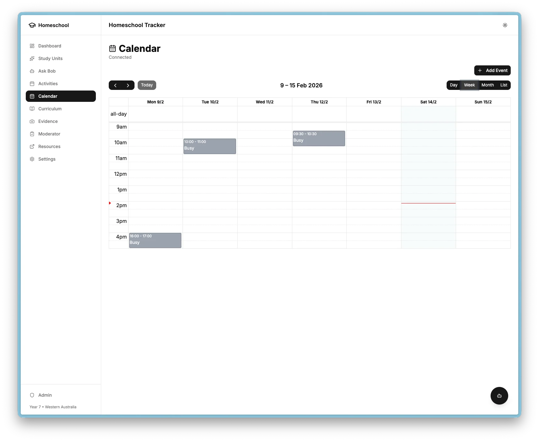 FullCalendar showing synced and local events with colour distinction.
