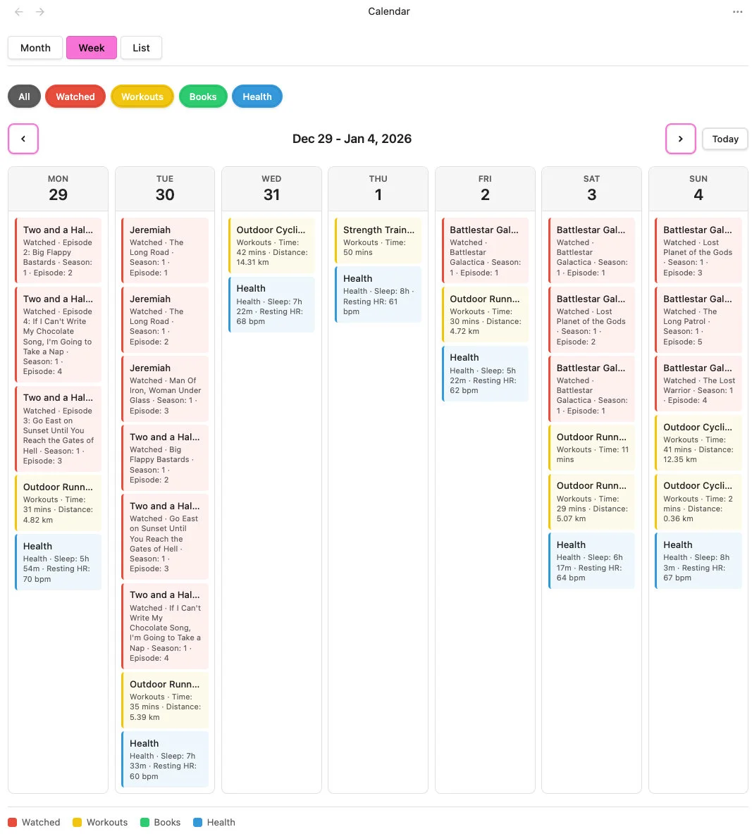 Calendar week view showing shows, workouts, books, and health colour coded
