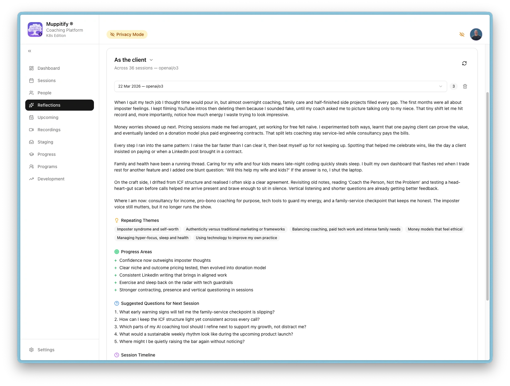 AI client reflection showing cross-session themes and development areas