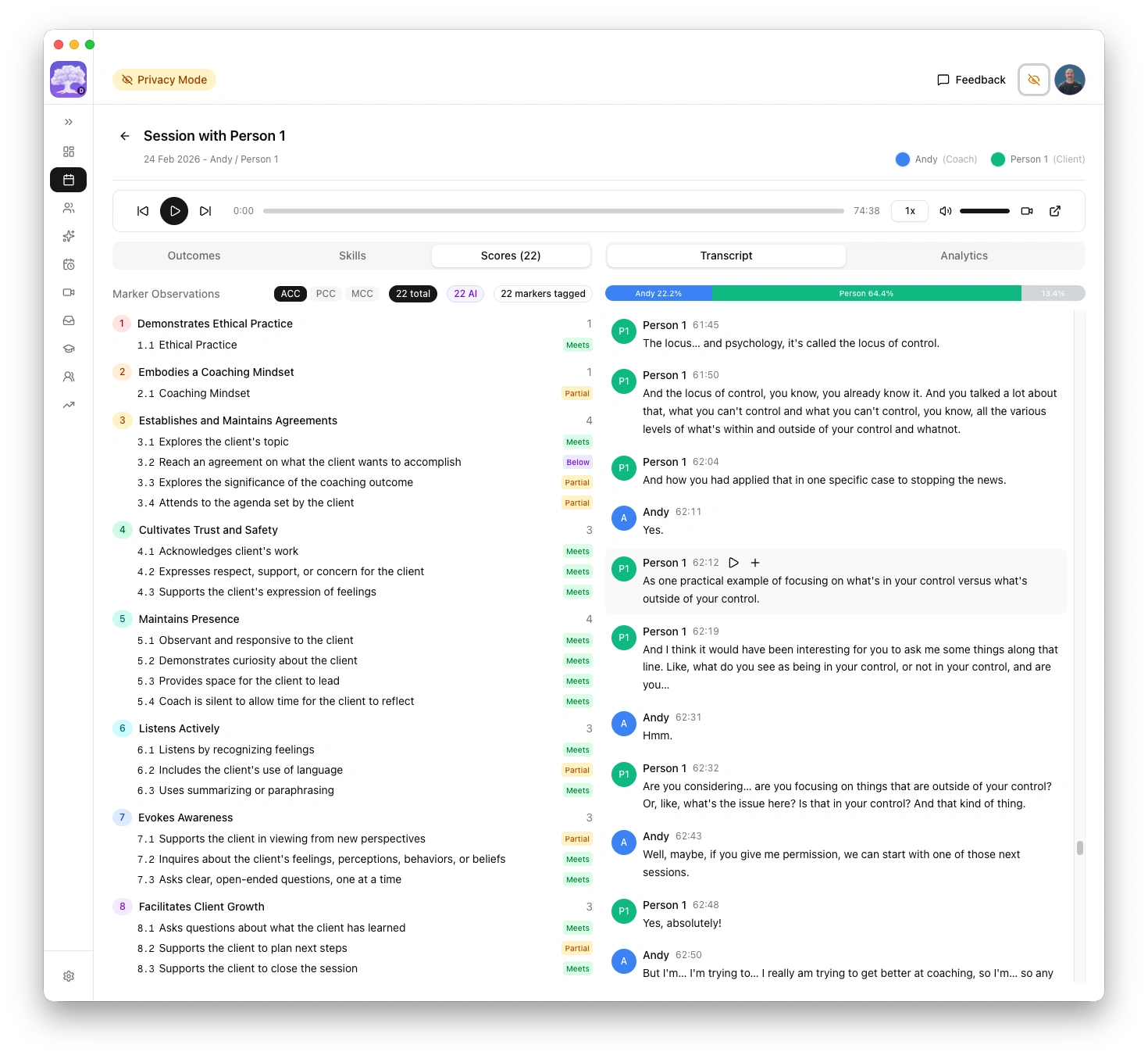 coaching platform AI assessment showing ICF competency scores with transcript evidence