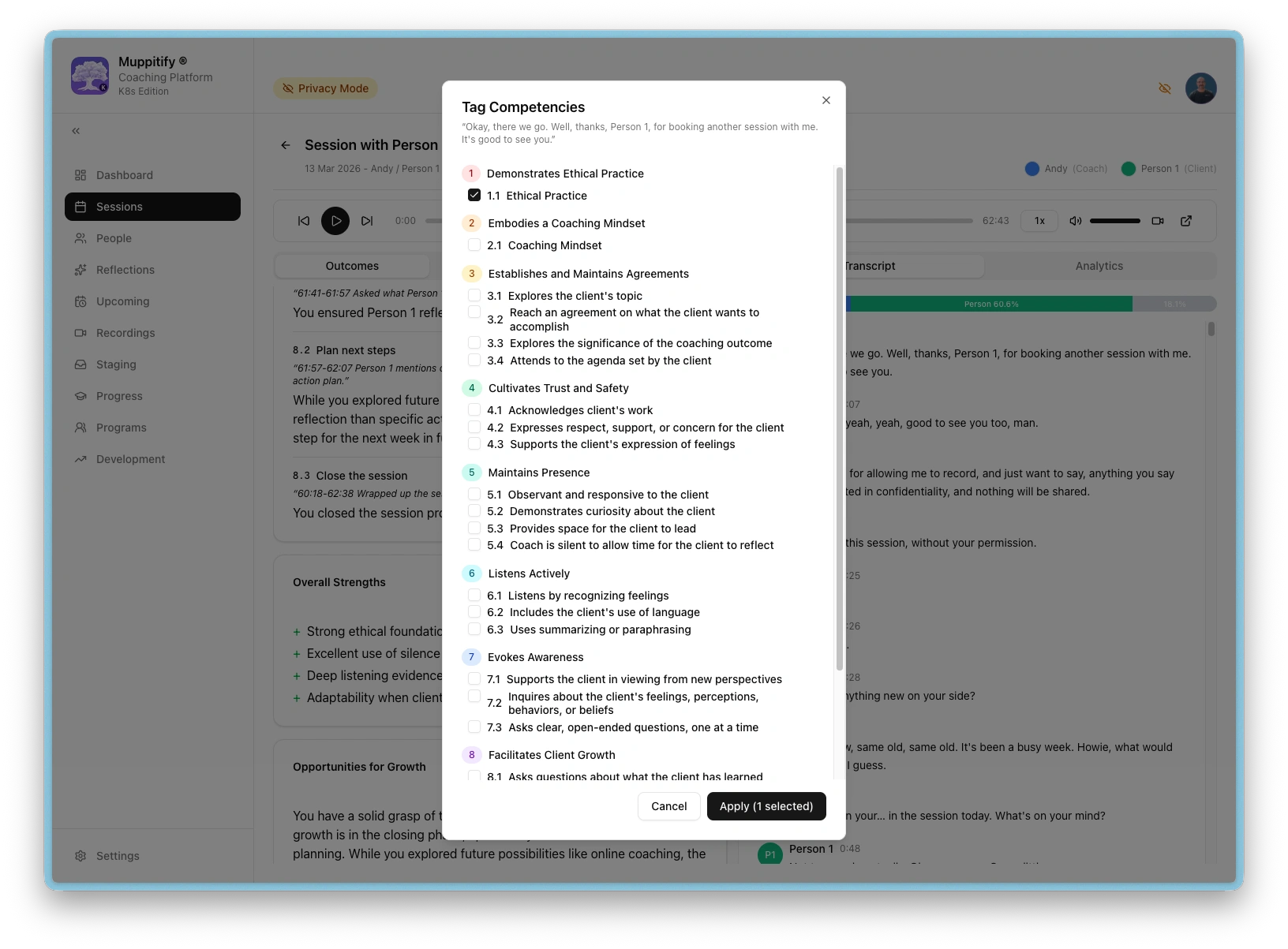 AI competency assessment with transcript evidence and scores