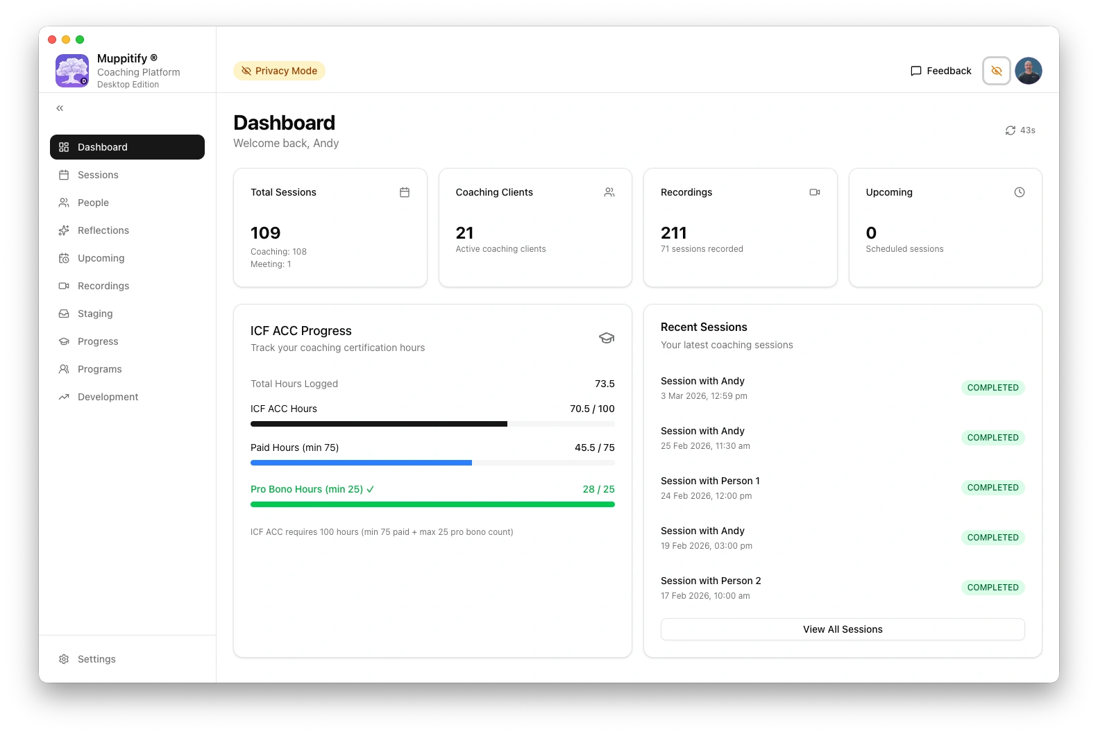 coaching platform dashboard showing session list and ICF progress