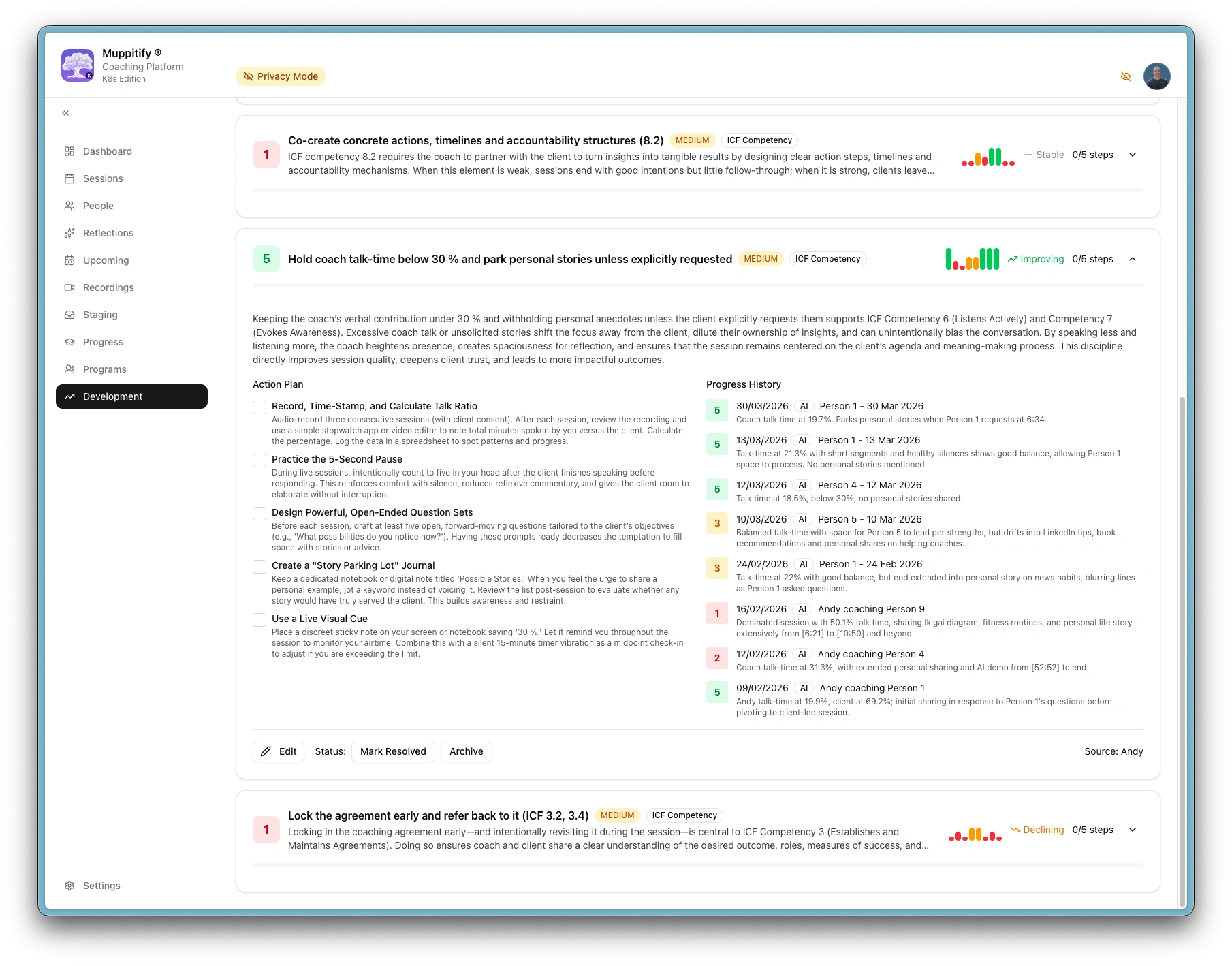 Talk-time area expanded with action plan and progress history