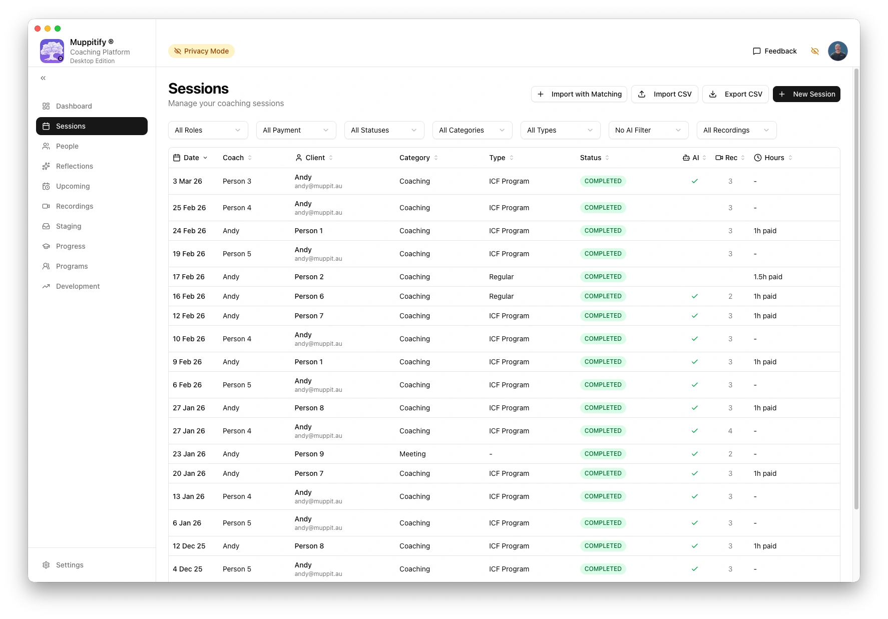 coaching platform sessions page with Privacy Mode active showing amber banner and masked names