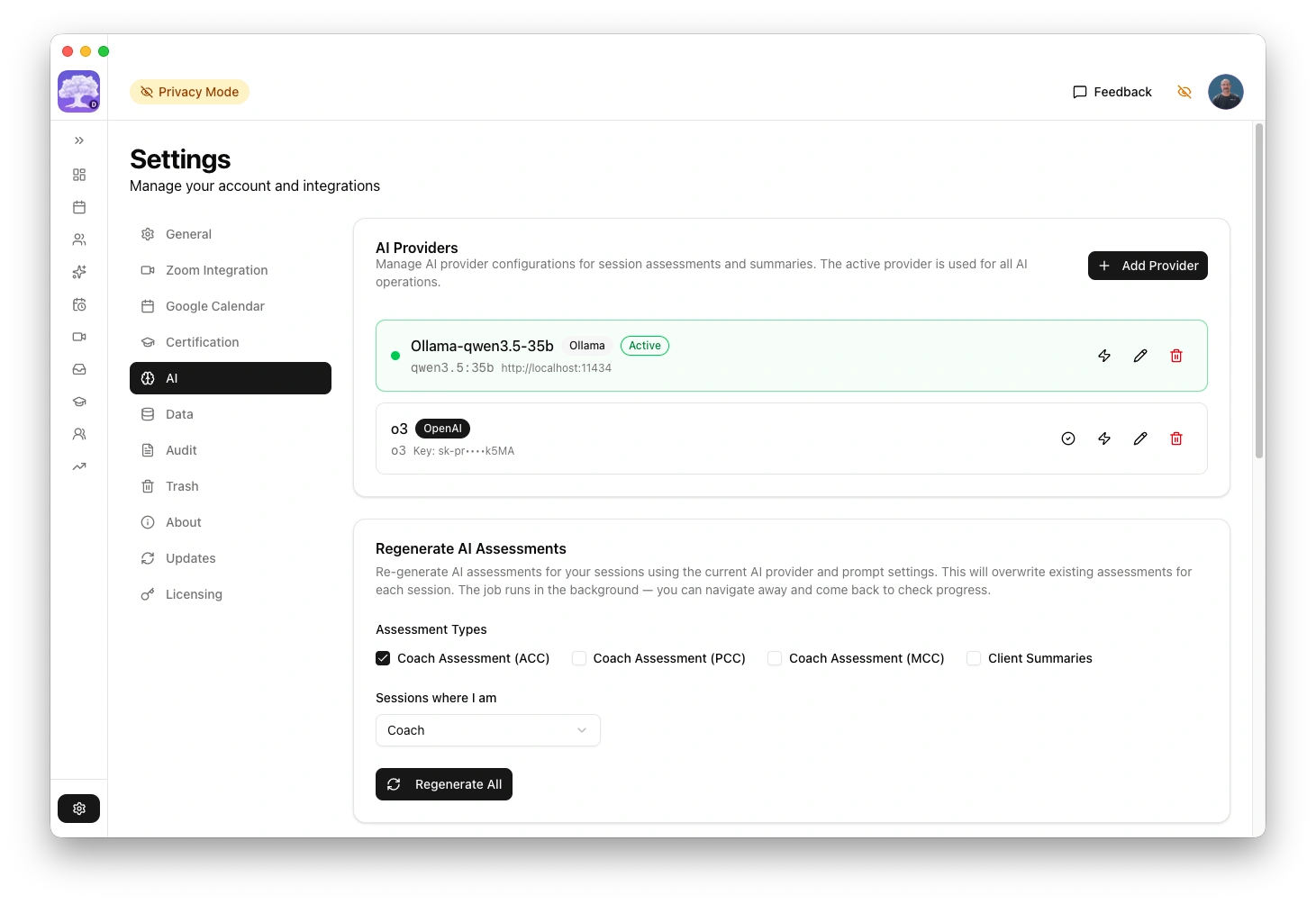 AI provider settings page in the coaching platform
