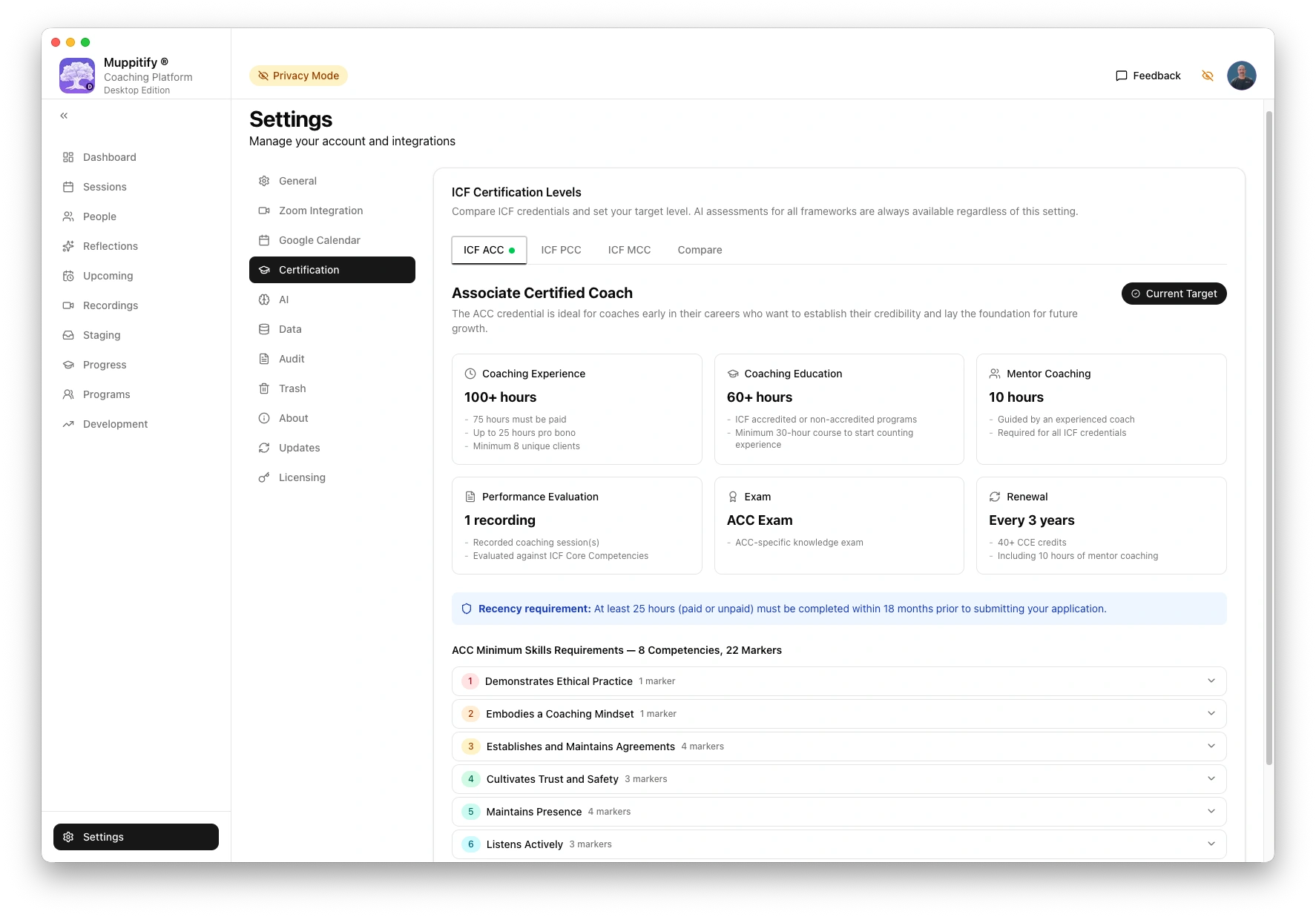 coaching platform certification settings