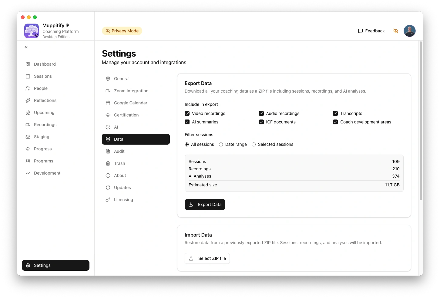 coaching platform data page with Privacy Mode active showing export options