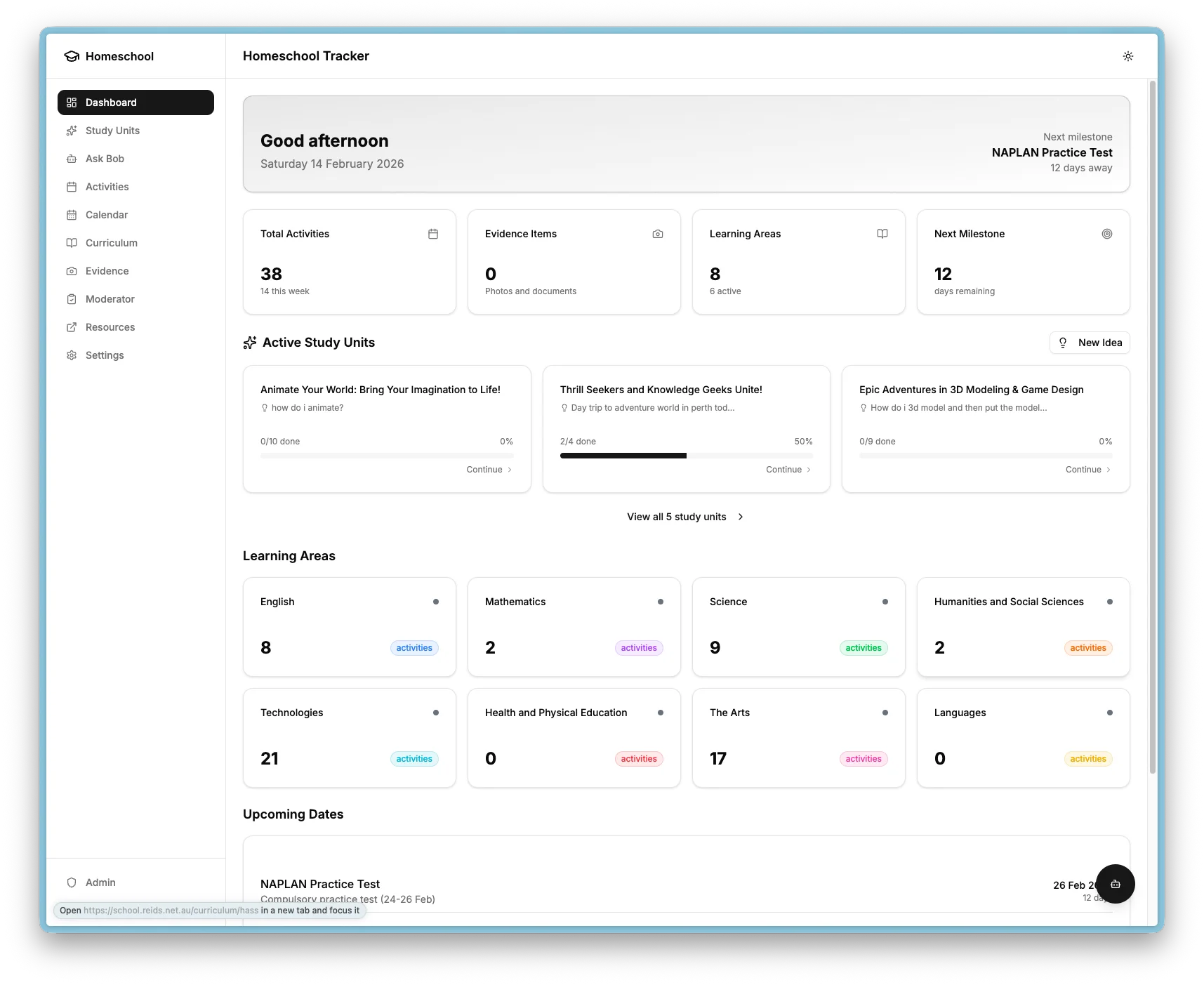 Dashboard overview showing stats, learning areas, and upcoming dates.