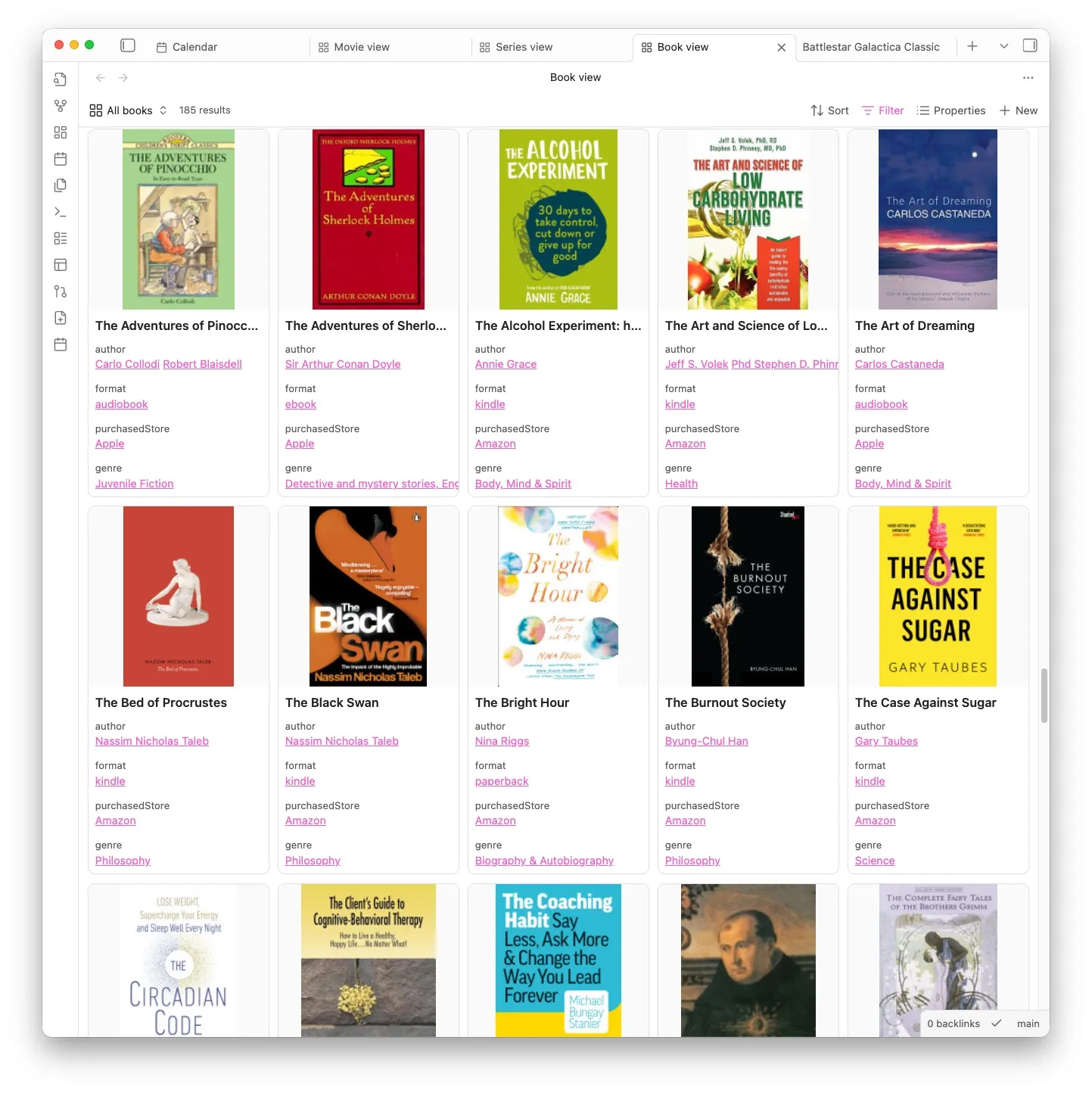 Book view showing 185 books with covers, authors, and genres