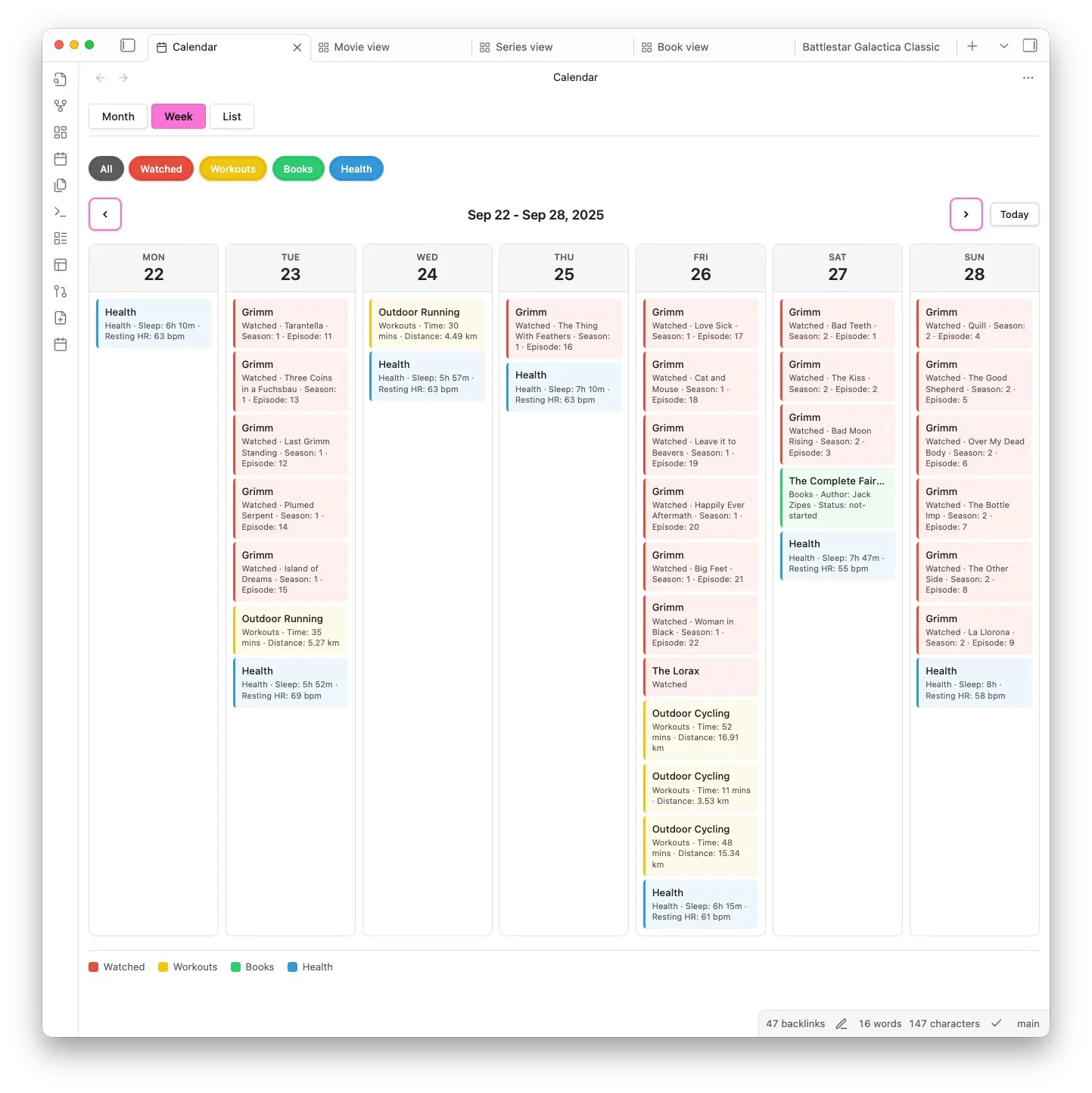 Calendar week view showing shows, workouts, books, and health colour coded