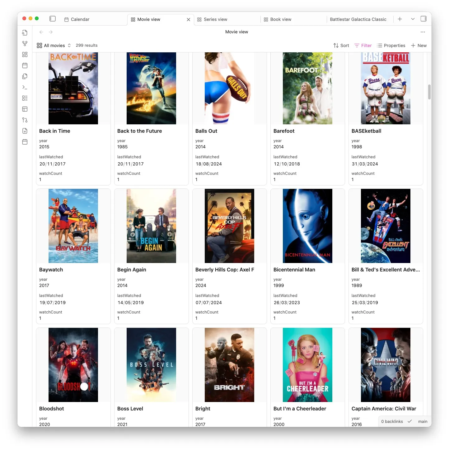 Movie view showing 299 movies with covers and metadata