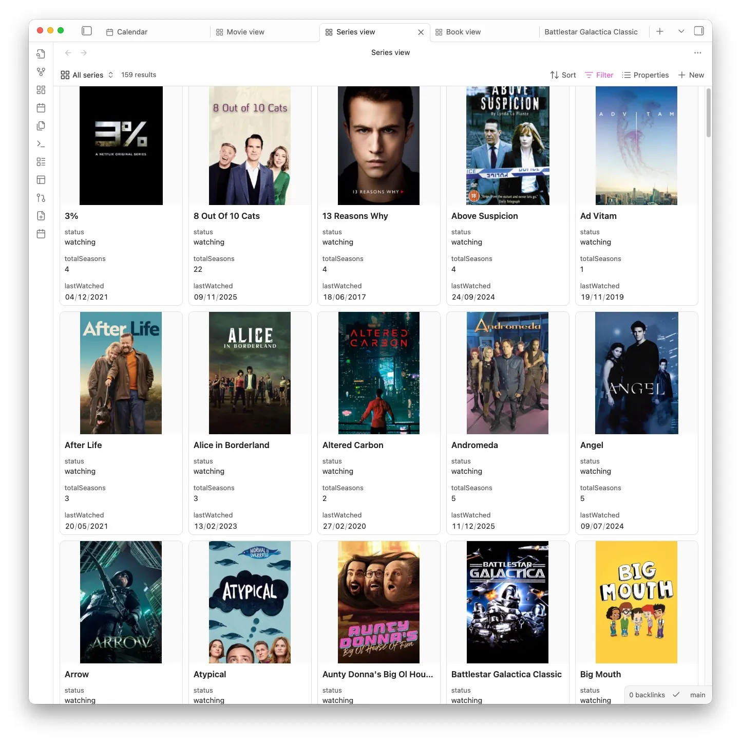 Series view showing 159 TV series with status and watch dates