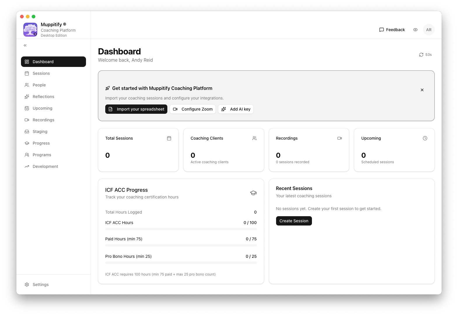 coaching platform desktop dashboard initial page