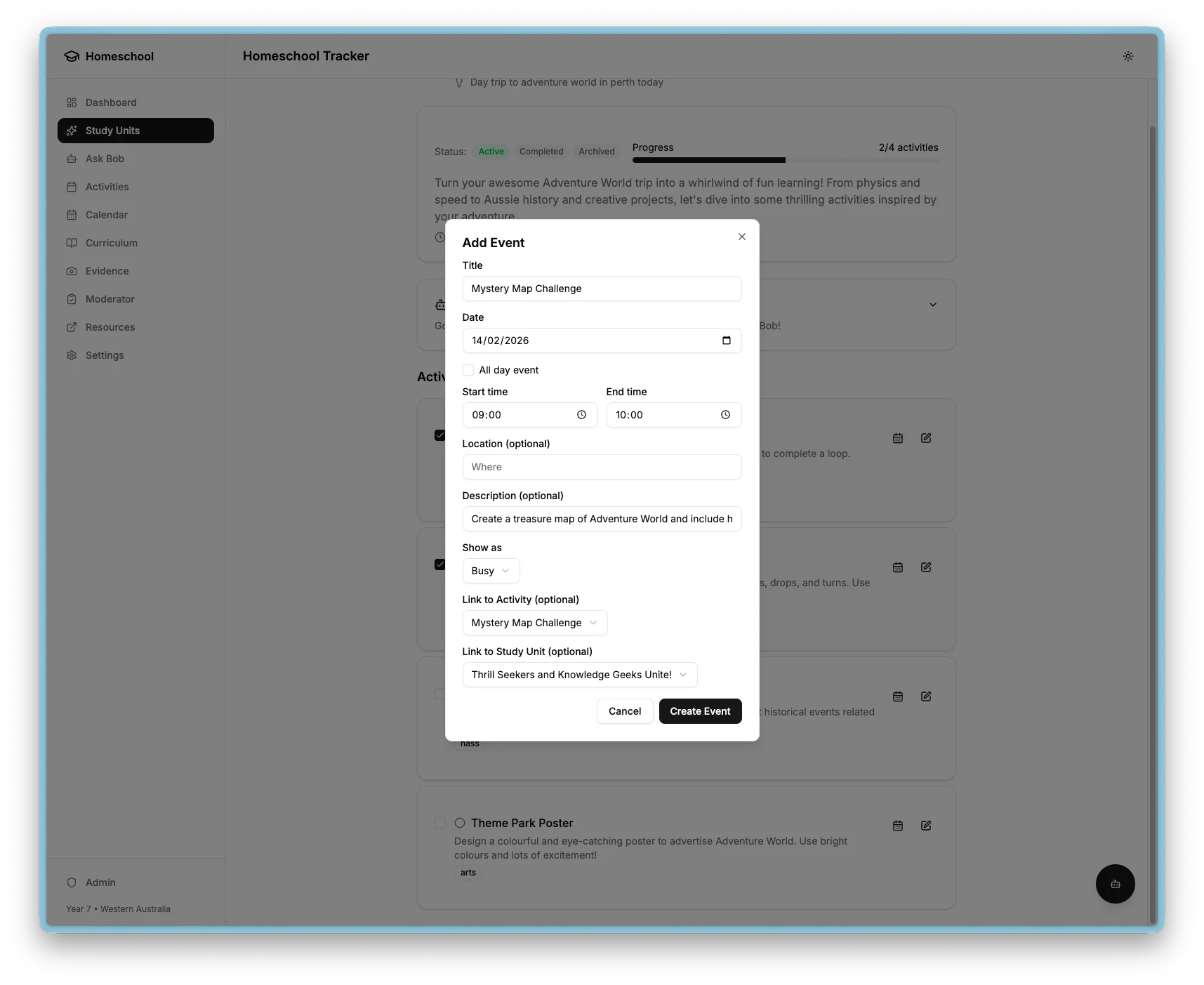 Add event dialog with activity and study unit linking dropdowns.