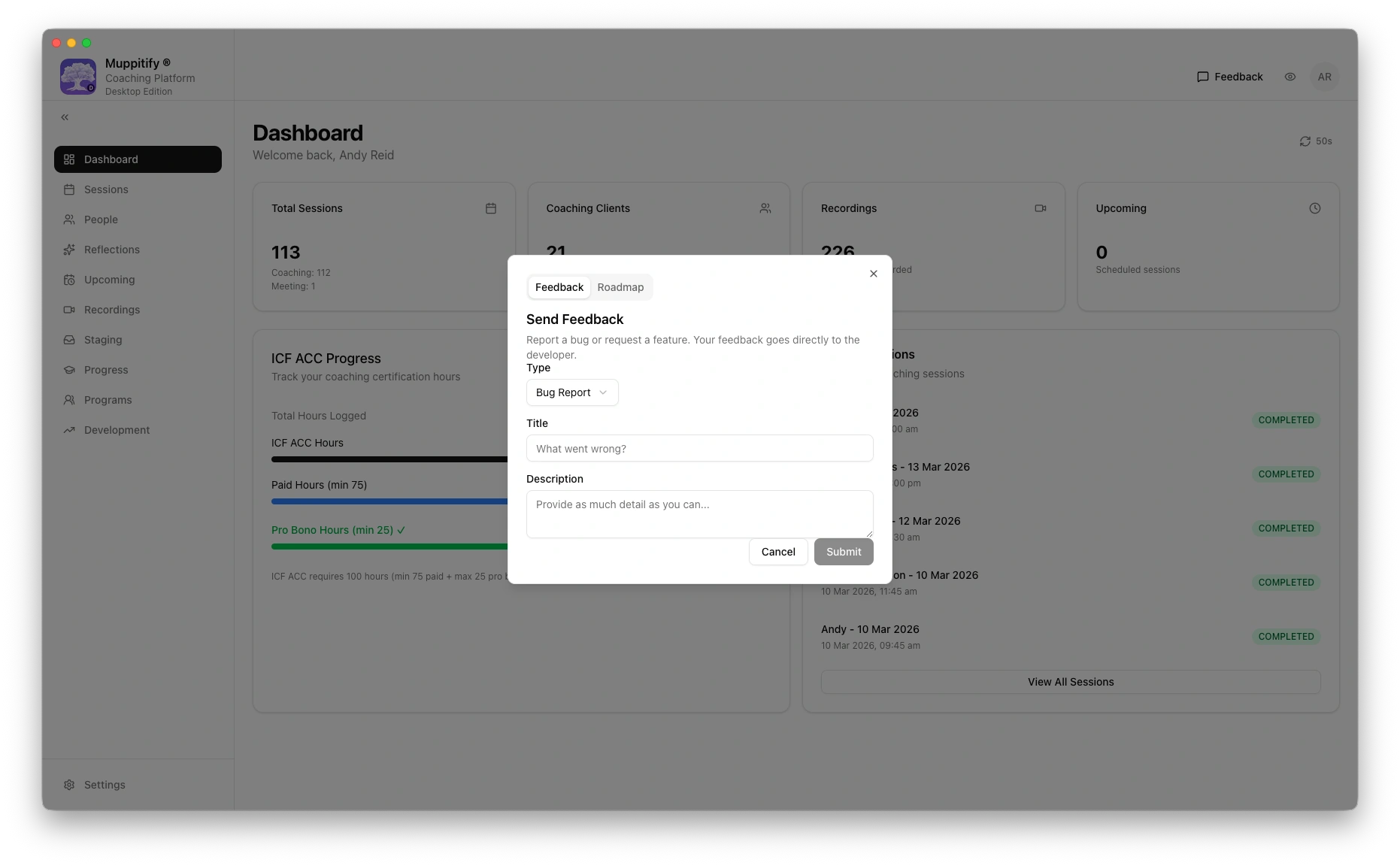 Feedback dialog showing Bug Report