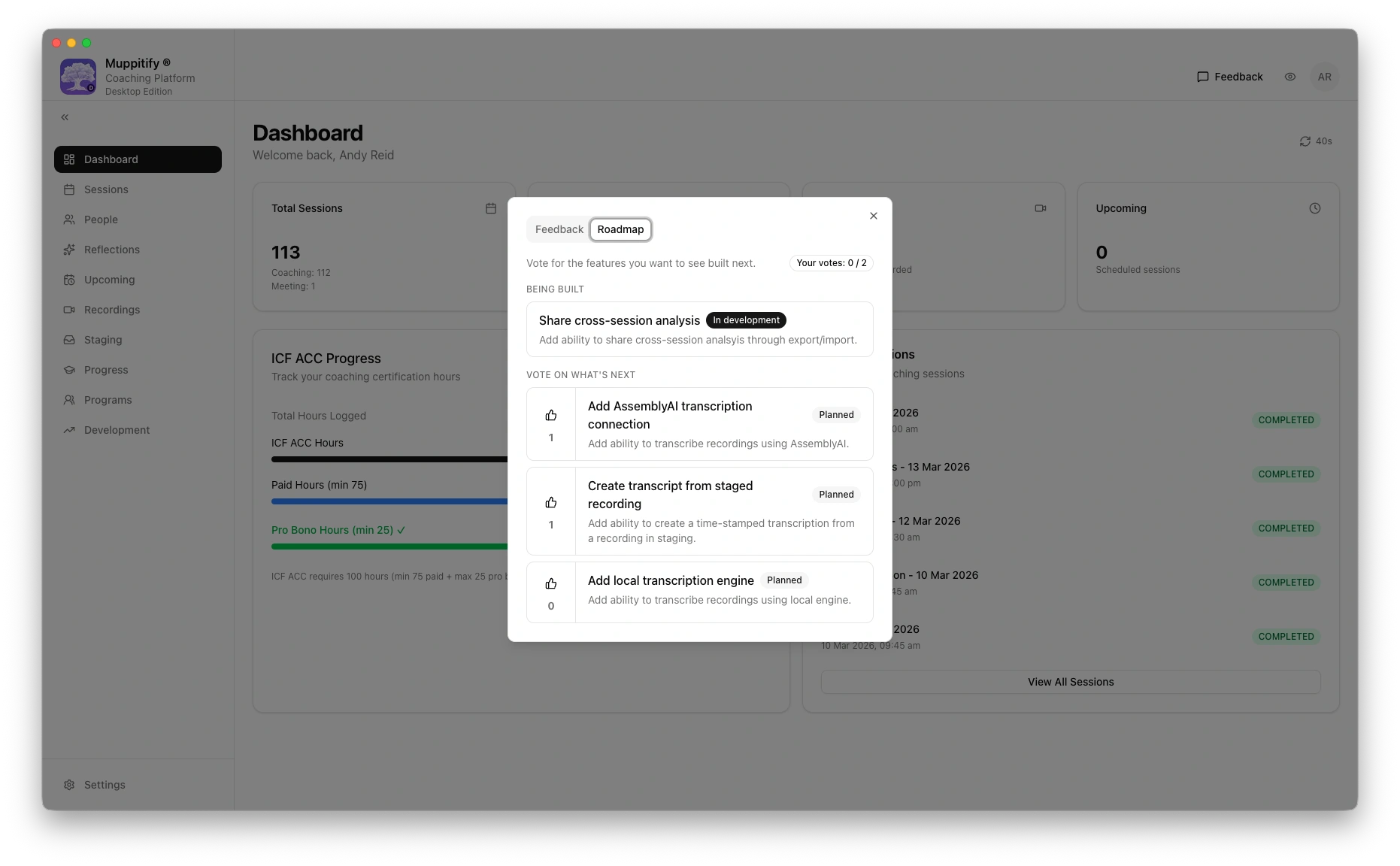Feedback dialog showing Roadmap