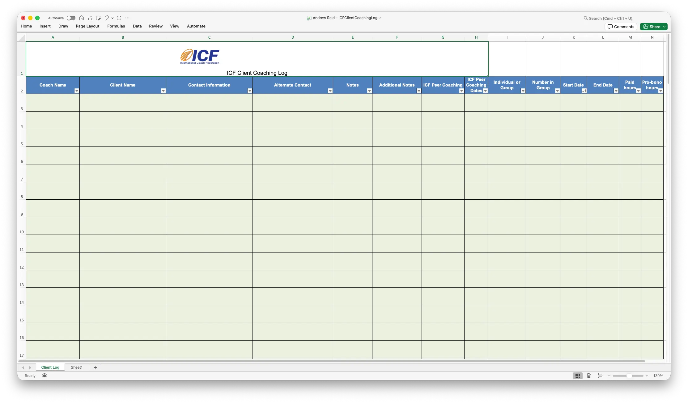My extended ICF coaching log with additional columns for notes, peer coaching, and alternate contacts