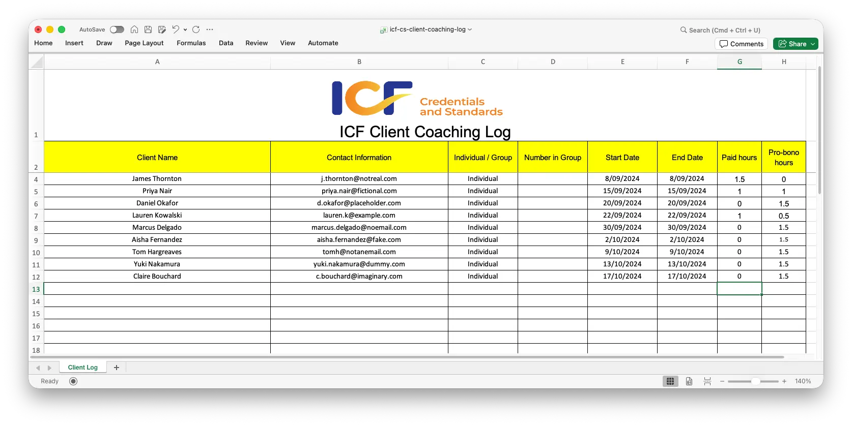 ICF Client Coaching Log spreadsheet with sample data