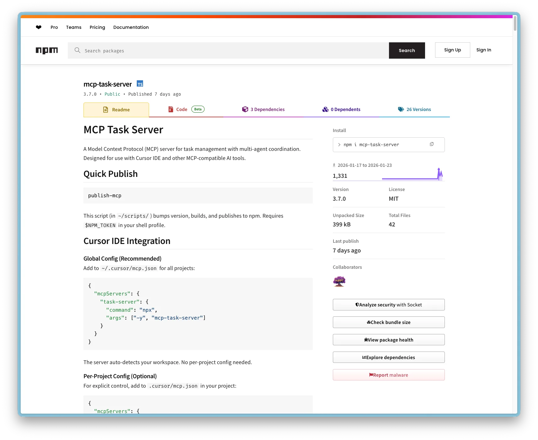 MCP Task Server on npm showing 1,331 downloads and 26 versions.