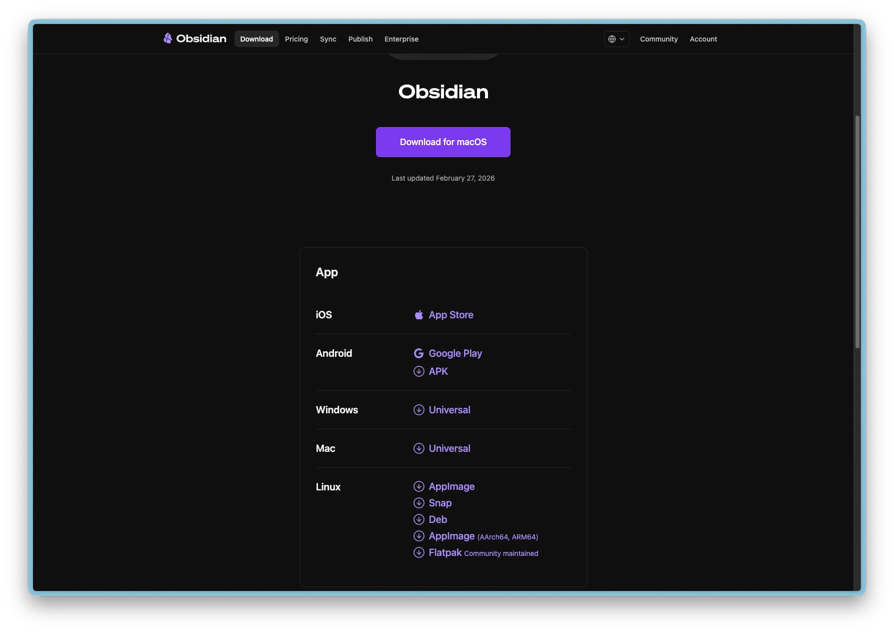 Obsidian download page