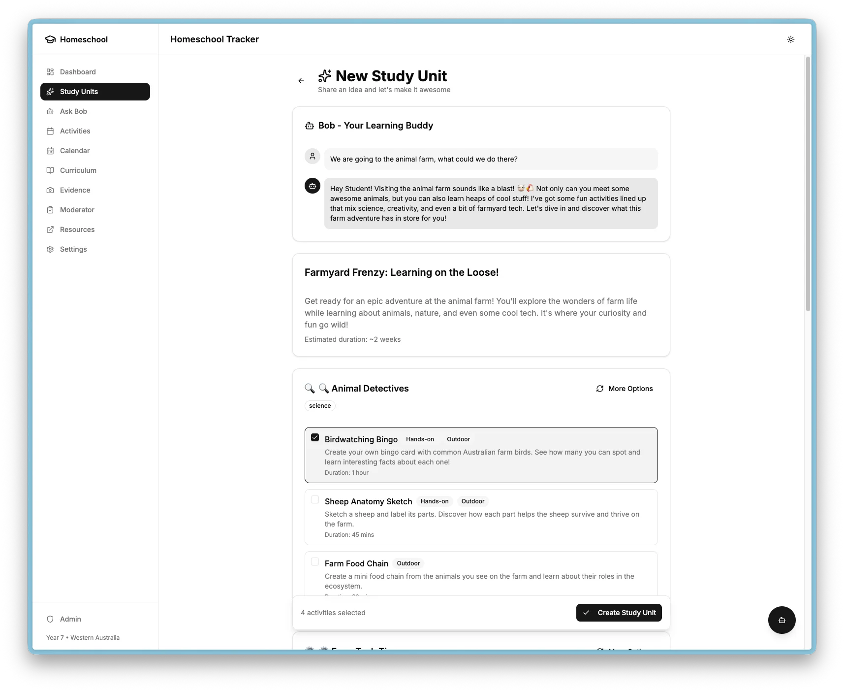 Study unit generation showing a seed idea expanded into categorised activities.