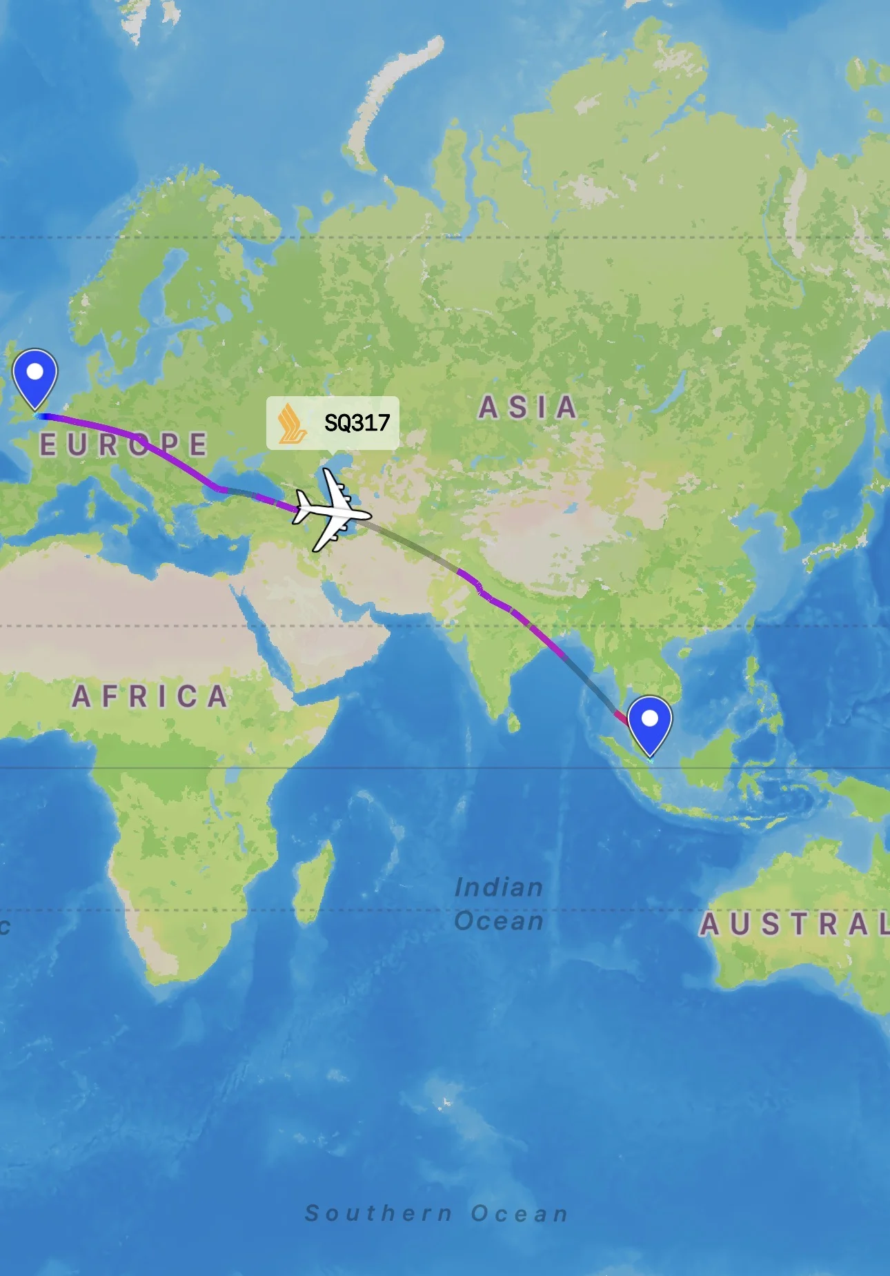 Flight map from UK to Singapore