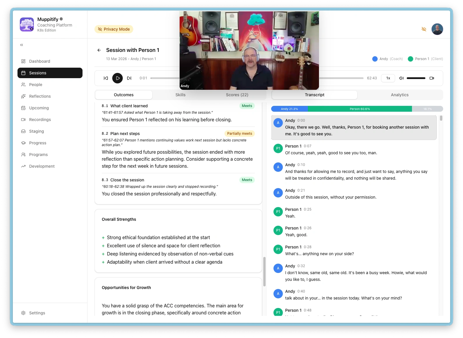 Synced transcript playback with notes and ICF markers