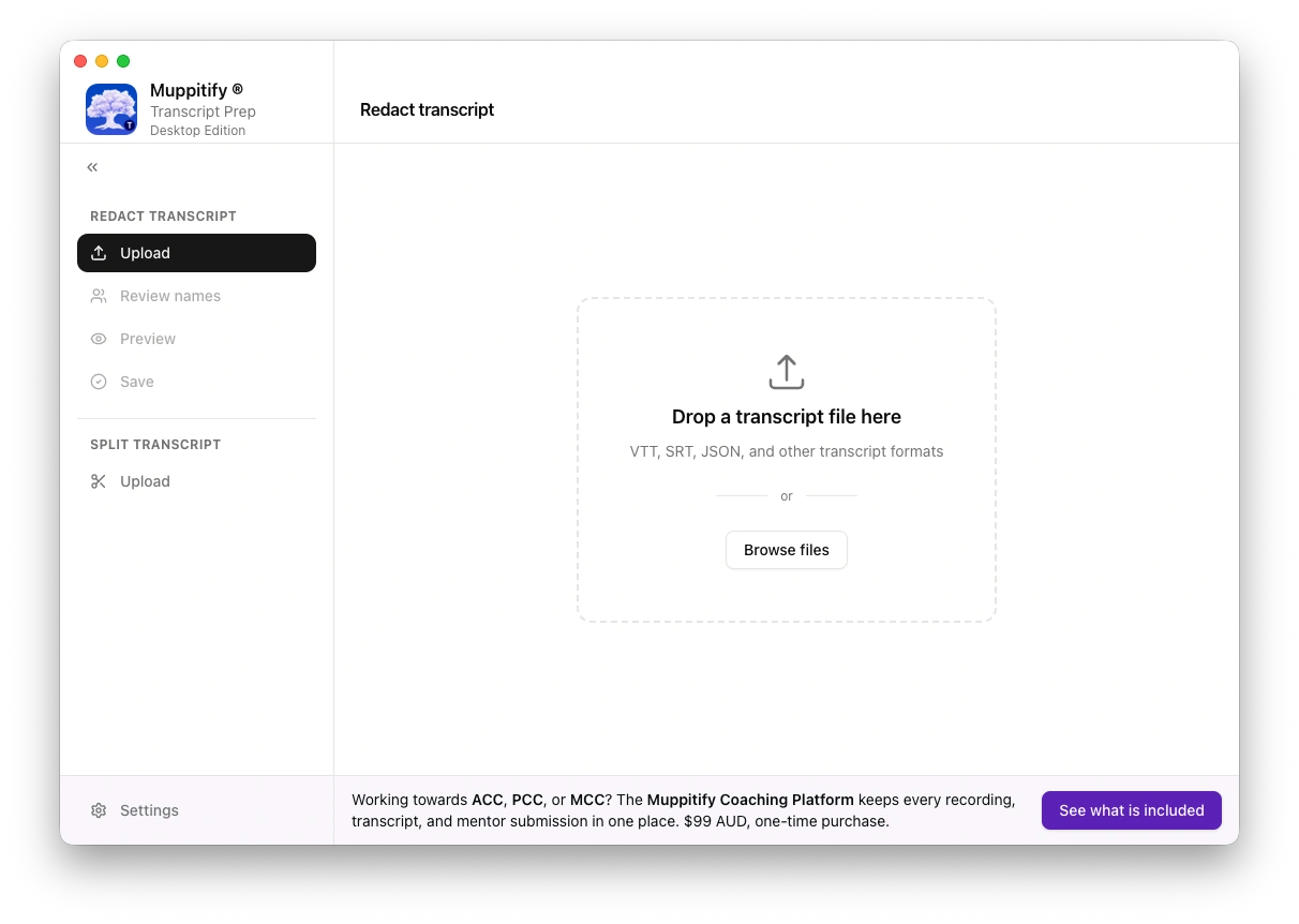 Muppitify Transcript Prep dashboard with a drop zone for transcript files.