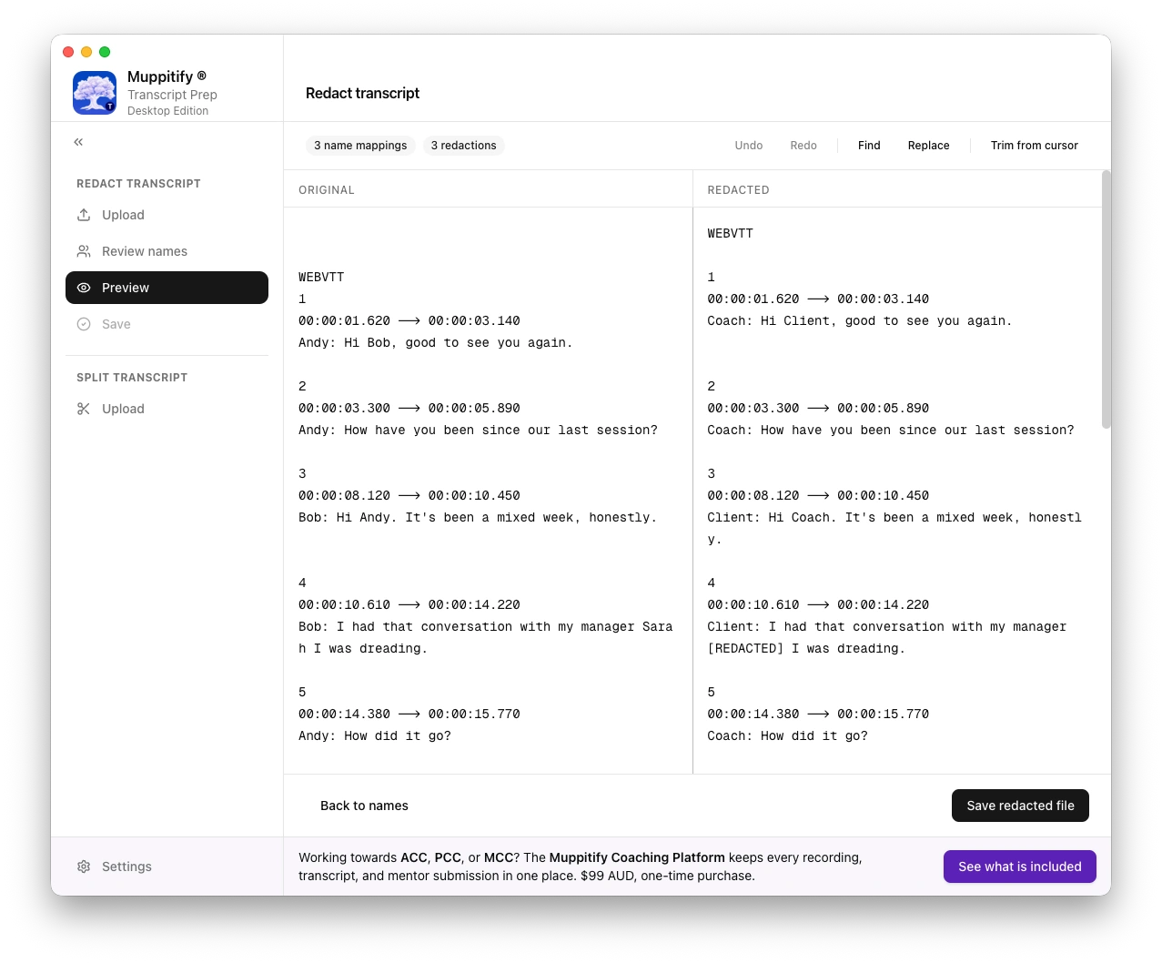 Side-by-side preview of the original transcript and the redacted copy