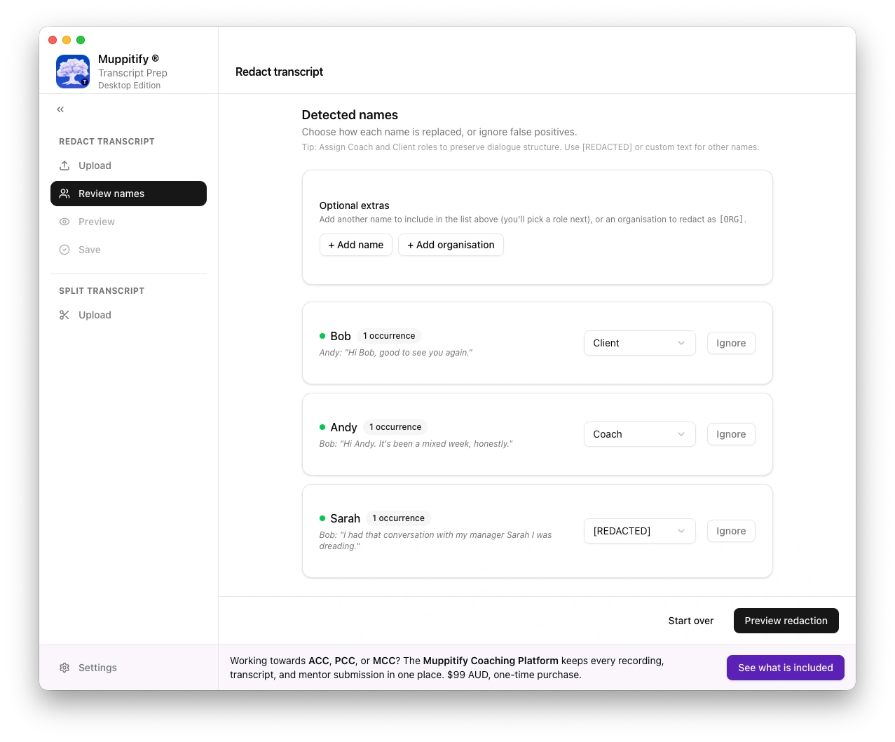 Review screen listing each suggested redaction with Accept and Reject controls