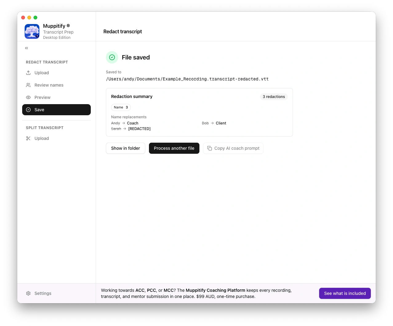 Confirmation screen after saving the redacted transcript