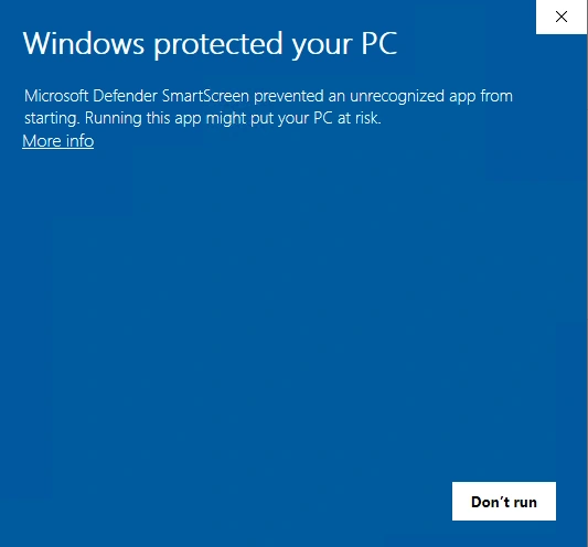 Windows 10 SmartScreen blocking an unrecognised app from starting