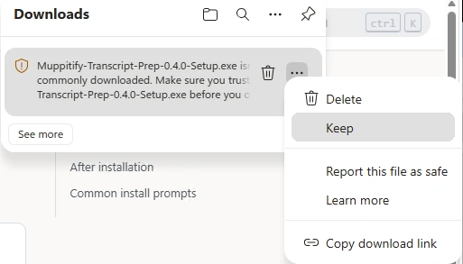 Microsoft Edge Keep dialog confirming the download