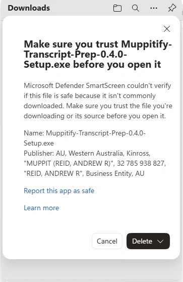 Windows SmartScreen blocking an unrecognised app from starting