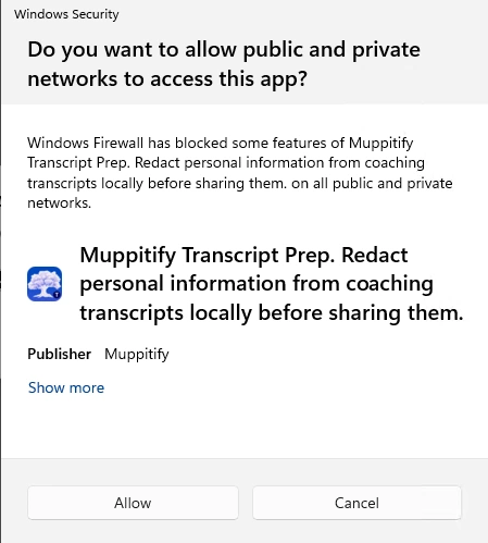 Windows Security firewall prompt asking whether to allow Muppitify Coach on public and private networks
